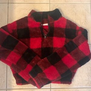 For sale! SO fuzzy cropped sweater plaid black/red, size XS.